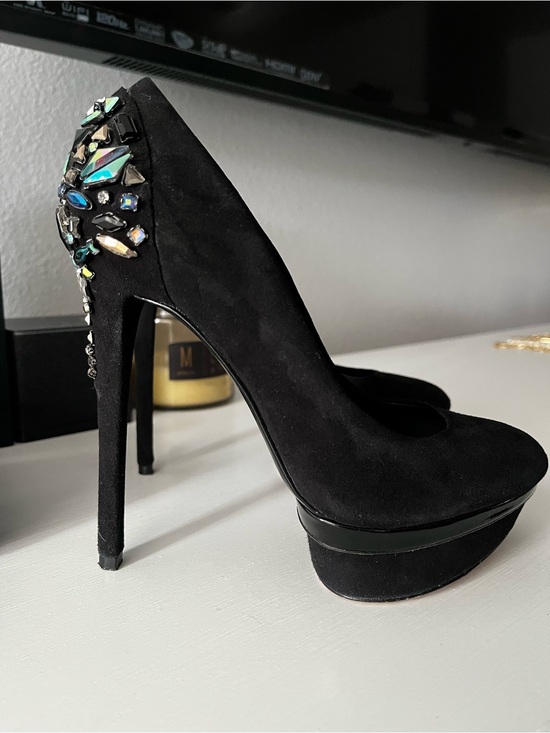 B Brian Atwood Shoes - B Brian Atwood Black Suede Jeweled Platform Pump